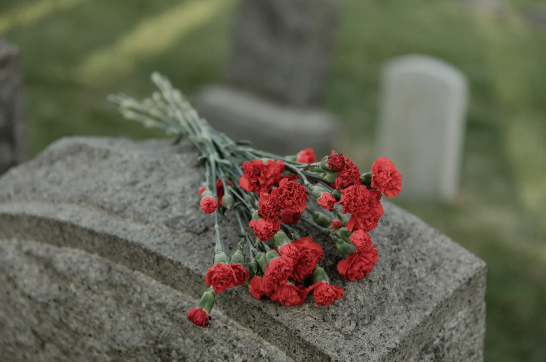 red flowers laid on top of a tombstone